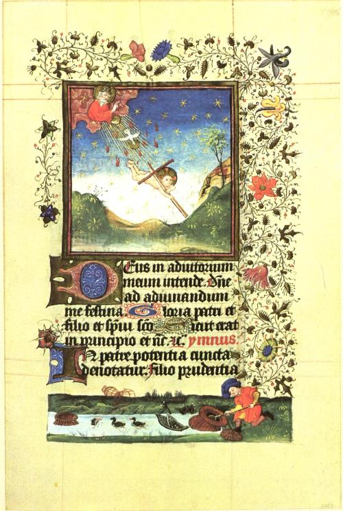 Illumination from the Book of Hours of Catherine of Cleves, duchess of Guelders, ca, 1440. God the Father launches the Dove of the Holy Spirit and the naked Christ child to earth, symbolizing the Incarnation—the moment the Virgin Mary conceived. The fishing nets and traps below make a further reference to the Incarnation, representing the corporeal prison of the soul.